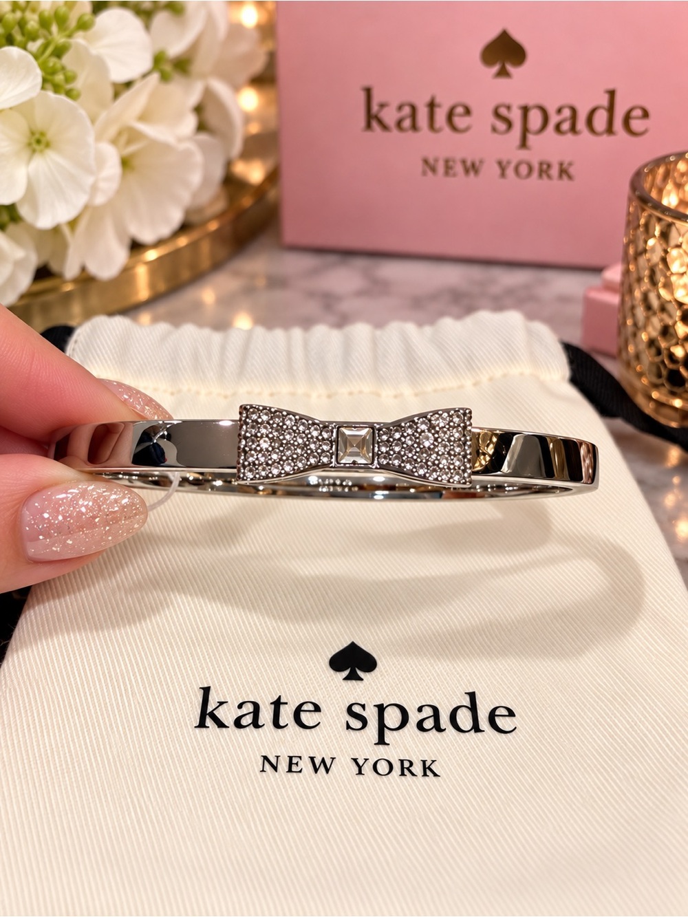 Kate Spade Silver Tone Bow Bangle Bracelet W/ Dust Bag NWT